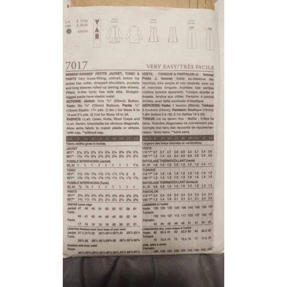 Sewing Pattern Very Easy Vogue 7017 Jacket Tunic Pants Sizes 14-16-18 UNCUT - Picture 2 of 3